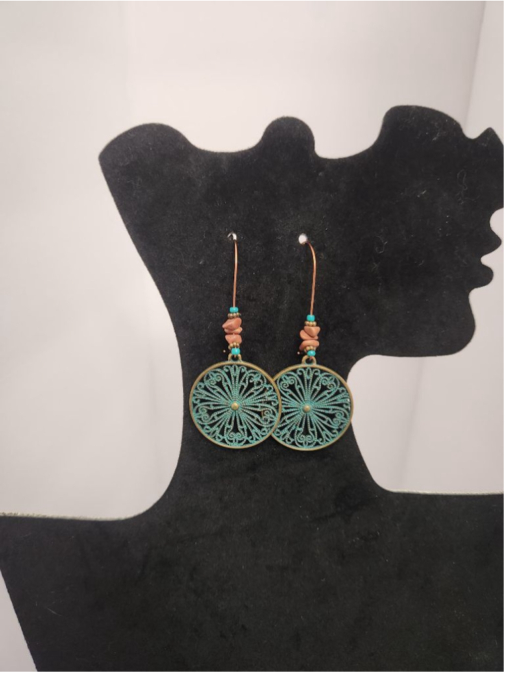 Teal Dangle Filigree Earrings with beaded accents
